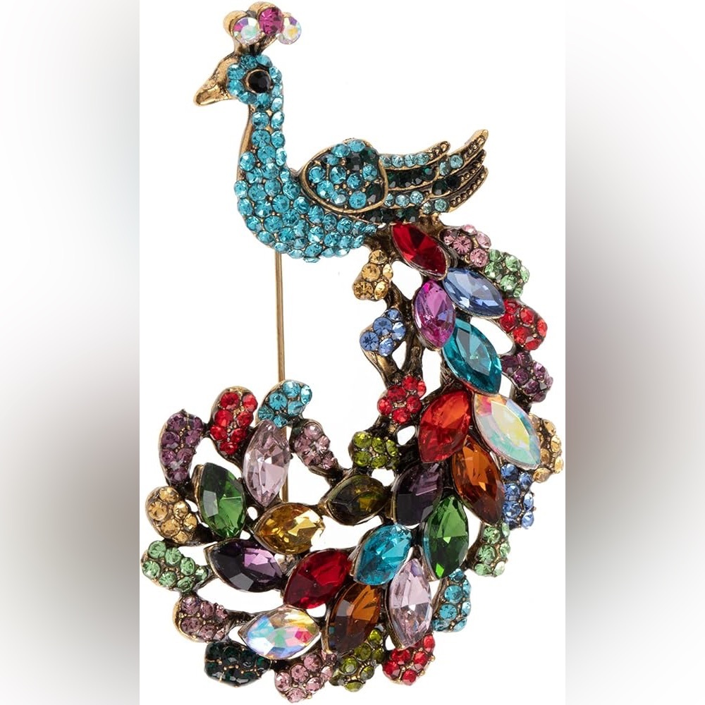 Blue and Red Exotic Bird Brooch with Intricate Gemstones Peacock